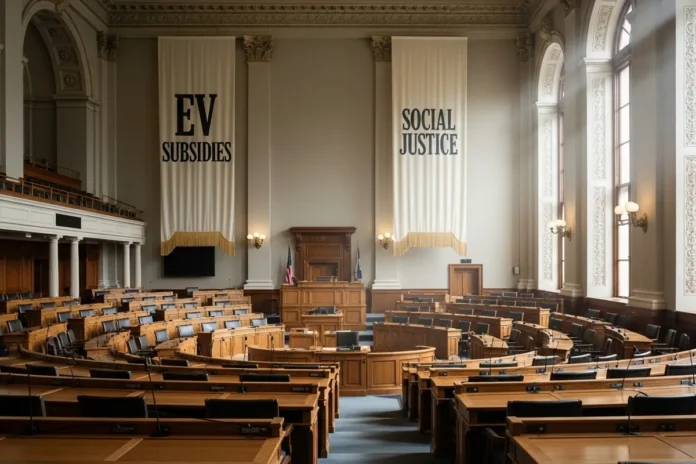 Empty government chamber decorated with Electric Car Politics posters.