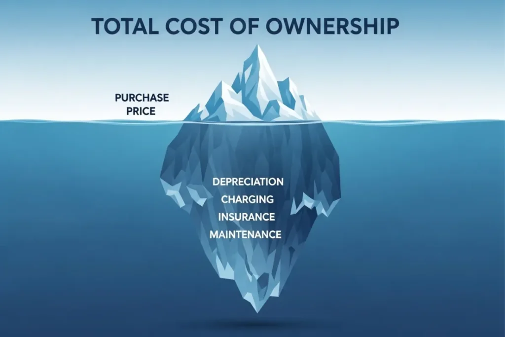 An iceberg infographic showing hidden costs beyond the sticker price of the best electric car to buy