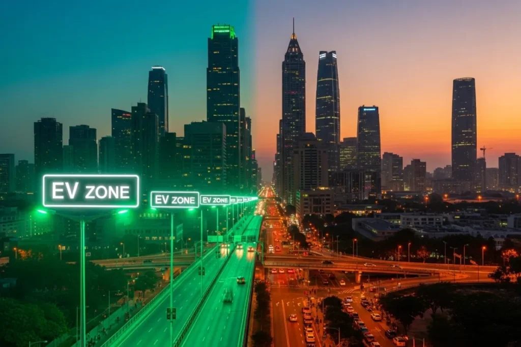 Urban skyline at dusk with green-lit EV‑only lanes.