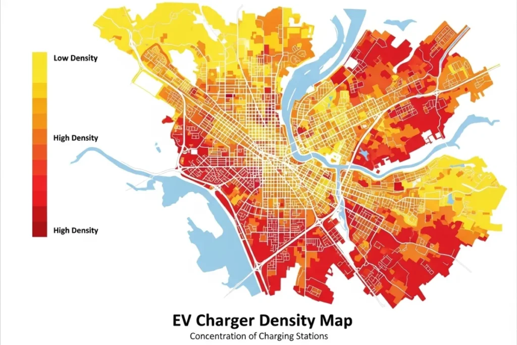 Heat‑map overlay showing concentration of EV chargers