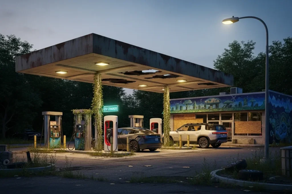 Old gas pumps beside new EV charging posts