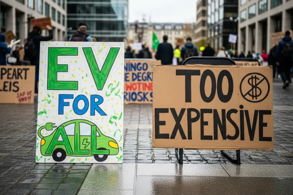 Empty public square strewn with electric‑car protest placards.