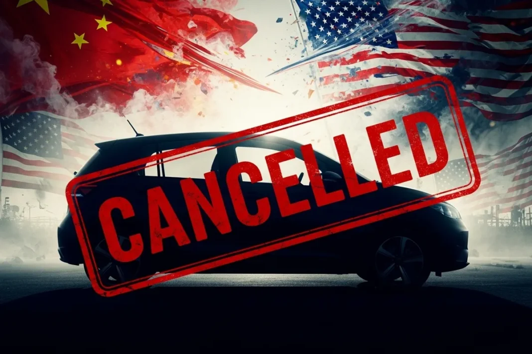 A symbolic image representing the cancellation of the Tesla Model 2 due to the US-China EV market competition.
