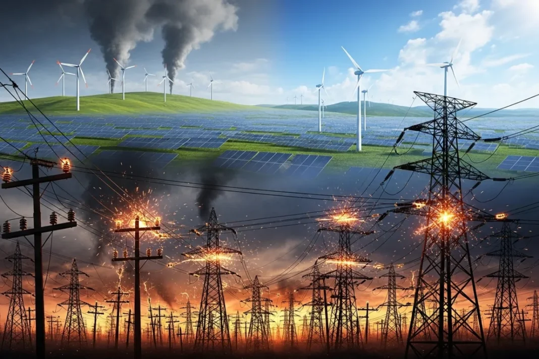 Digital illustration showing a congested power grid with sparking lines versus a renewable-powered grid, highlighting EV emissions challenges