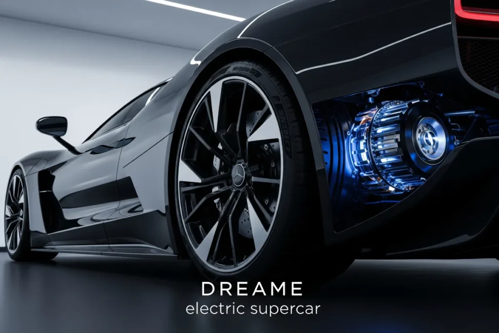 Dreame electric supercar silhouette highlighting high-speed motor components.