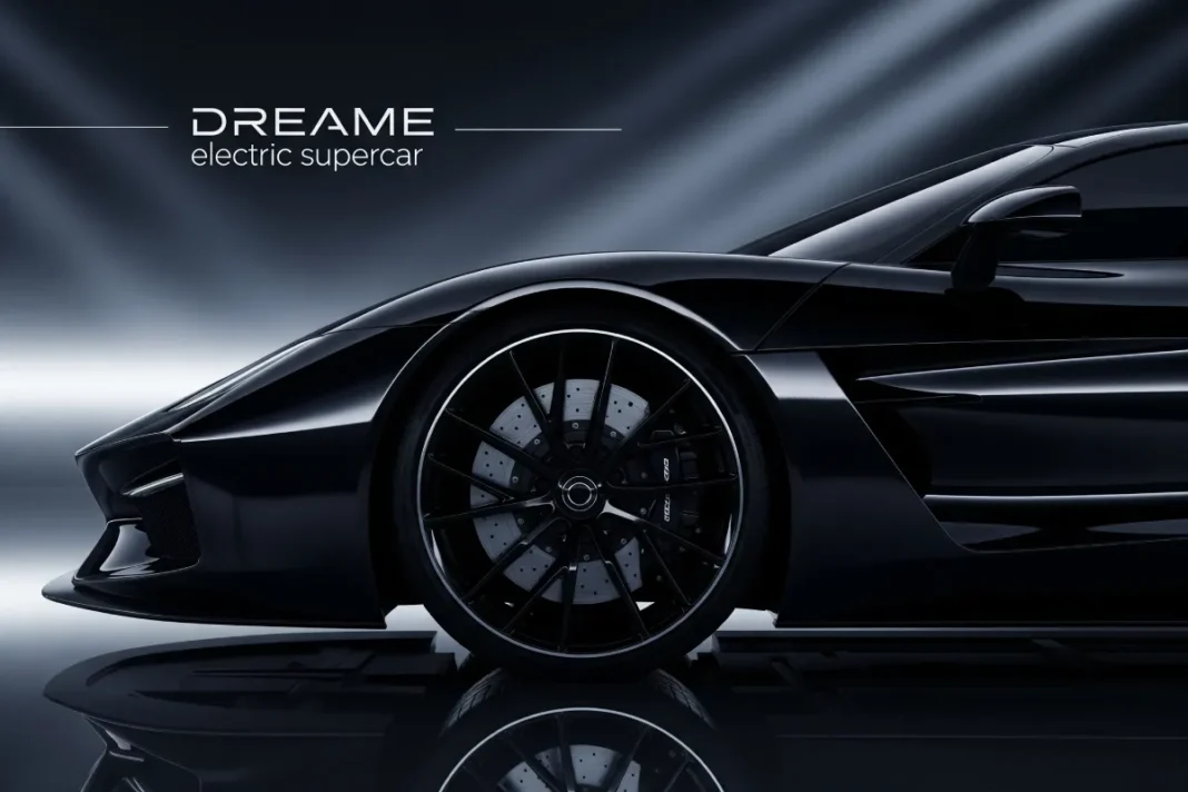 Artist concept: Dreame electric supercar silhouette emphasizing the high-RPM motor as the technical heart of the vehicle.