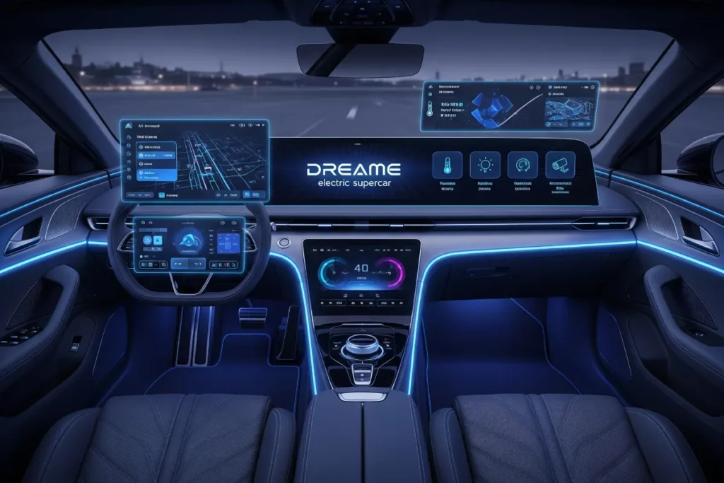 Futuristic interior mockup of Dreame electric supercar showing AI and smart home integration.