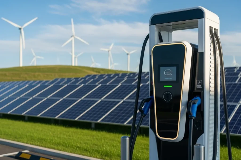 Gridlock & Grid-Smog: The Looming Failure of America's EV Emissions Strategy EV charging station with solar panels and wind turbines, showcasing clean energy for reducing EV emissions.