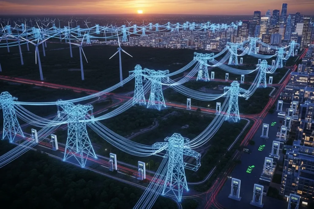 Gridlock & Grid-Smog: The Looming Failure of America's EV Emissions Strategy Futuristic U.S. power grid with glowing transmission lines linking wind farms to EV charging stations, symbolizing clean energy delivery.