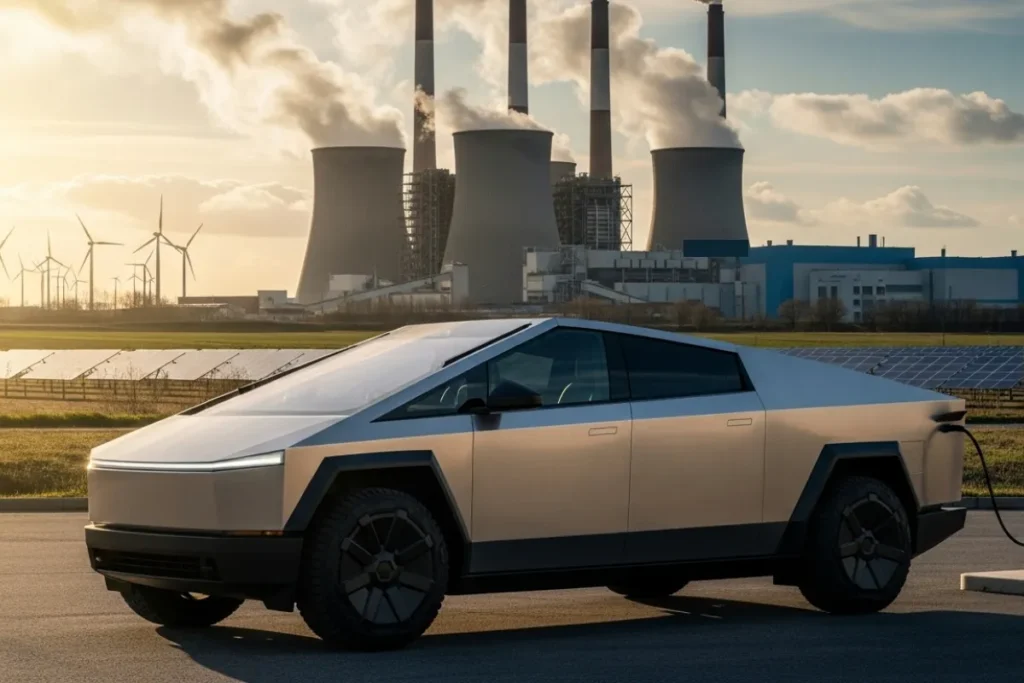 Gridlock & Grid-Smog: The Looming Failure of America's EV Emissions Strategy Modern EV near a smoky fossil fuel plant with a renewable energy farm in the background, representing EV emissions challenges.