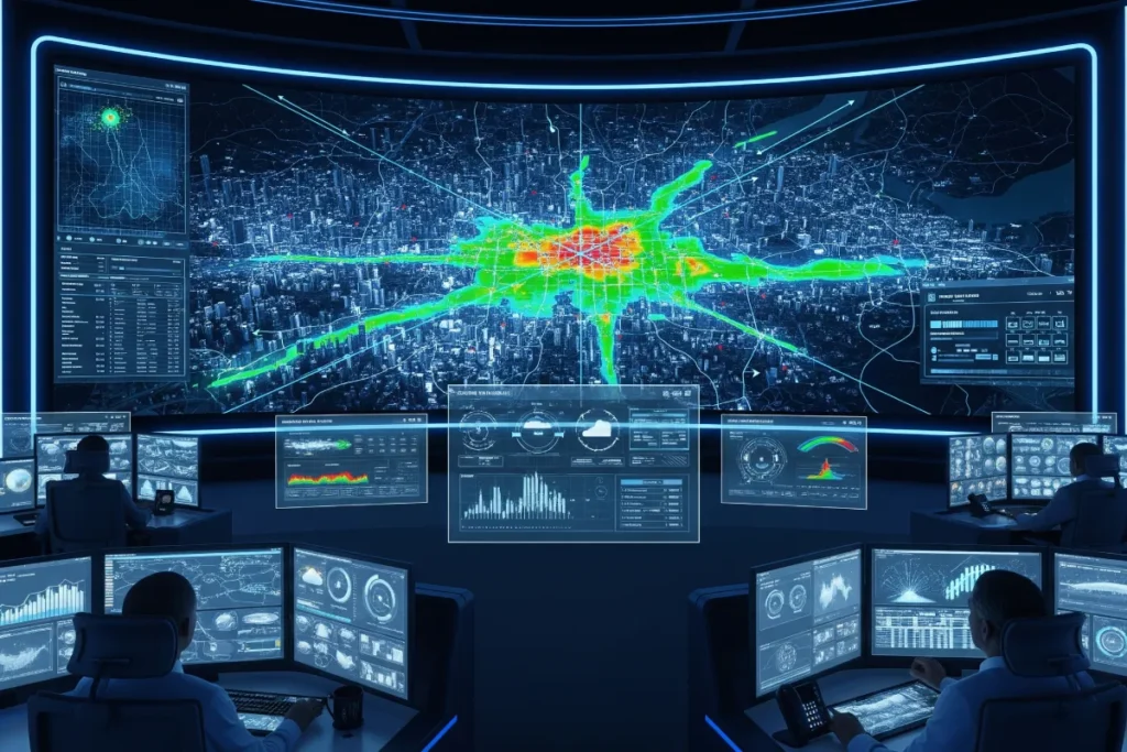 EV Charging Policy 2025, City energy load visualization on a control panel screen.