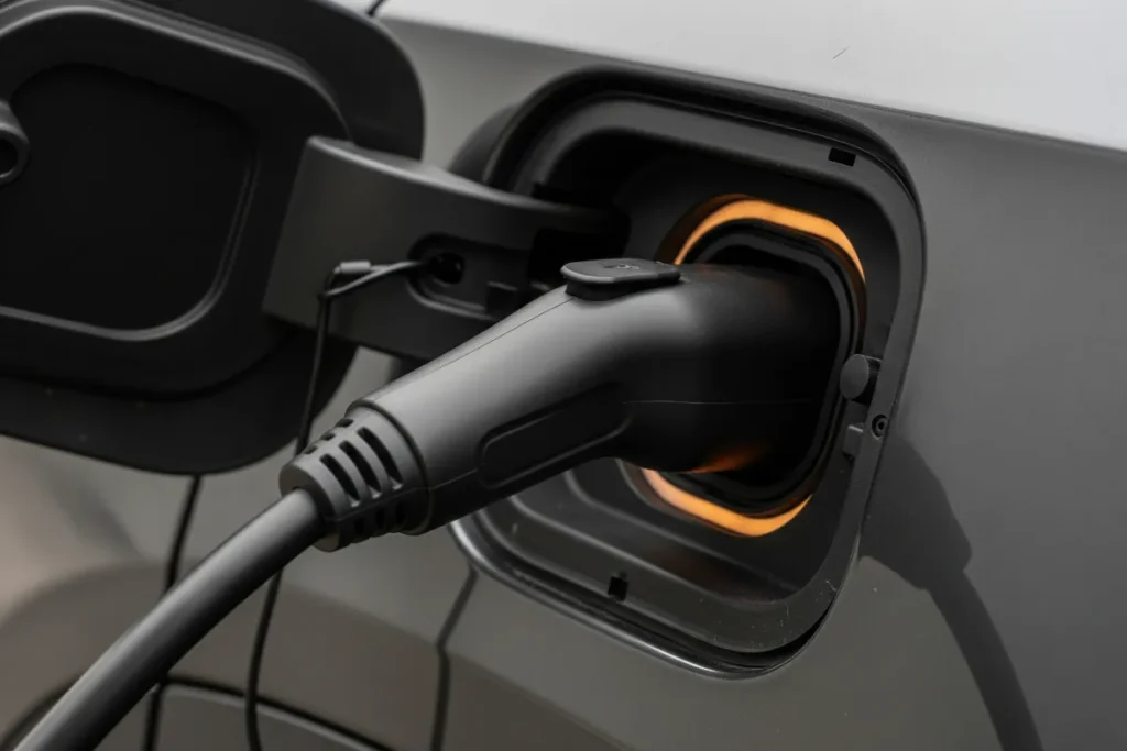 EV Charging Policy 2025, Charging cable inserted into EV charging port.