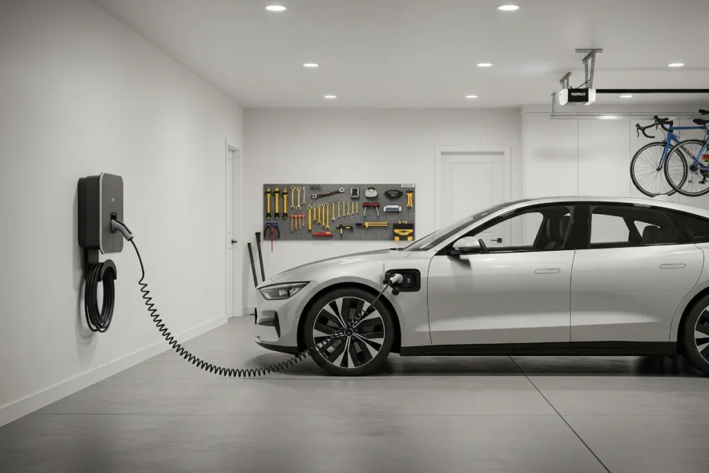 EV Charging Policy 2025, Home EV charging wallbox installed in a residential garage.