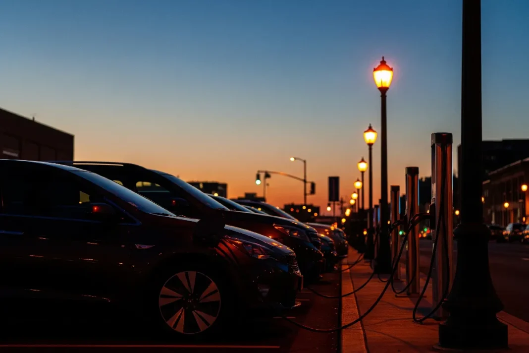 EV Charging Policy 2025, Row of curbside electric vehicle chargers along a city street at dusk